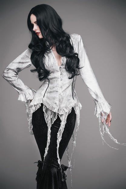 Gothic Lolita Blouse - Printed V-neck, White, Women's Style, Lace Trim, Lace-Up - additional product view 2
