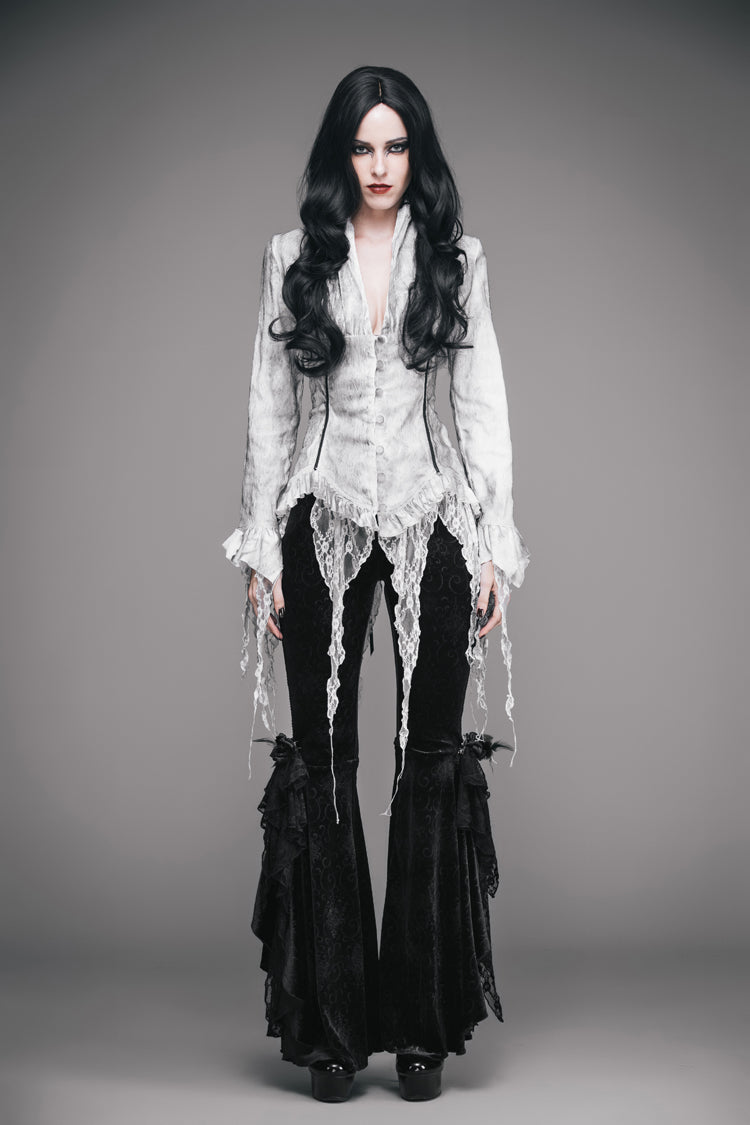 Gothic Lolita Blouse - Printed V-neck, White, Women's Style, Lace Trim, Lace-Up - additional product view 3