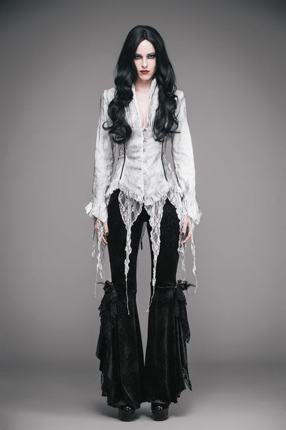 Gothic Lolita Blouse - Printed V-neck, White, Women's Style, Lace Trim, Lace-Up - additional product view 3