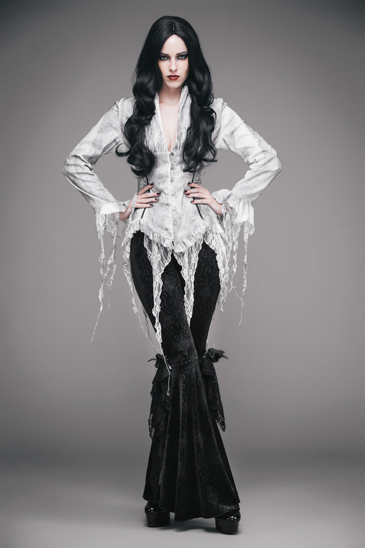 Gothic Lolita Blouse - Printed V-neck, White, Women's Style, Lace Trim, Lace-Up - additional product view 4