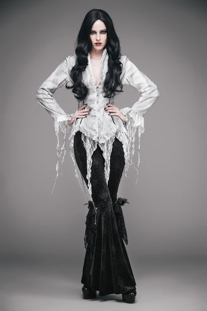 Gothic Lolita Blouse - Printed V-neck, White, Women's Style, Lace Trim, Lace-Up - additional product view 4
