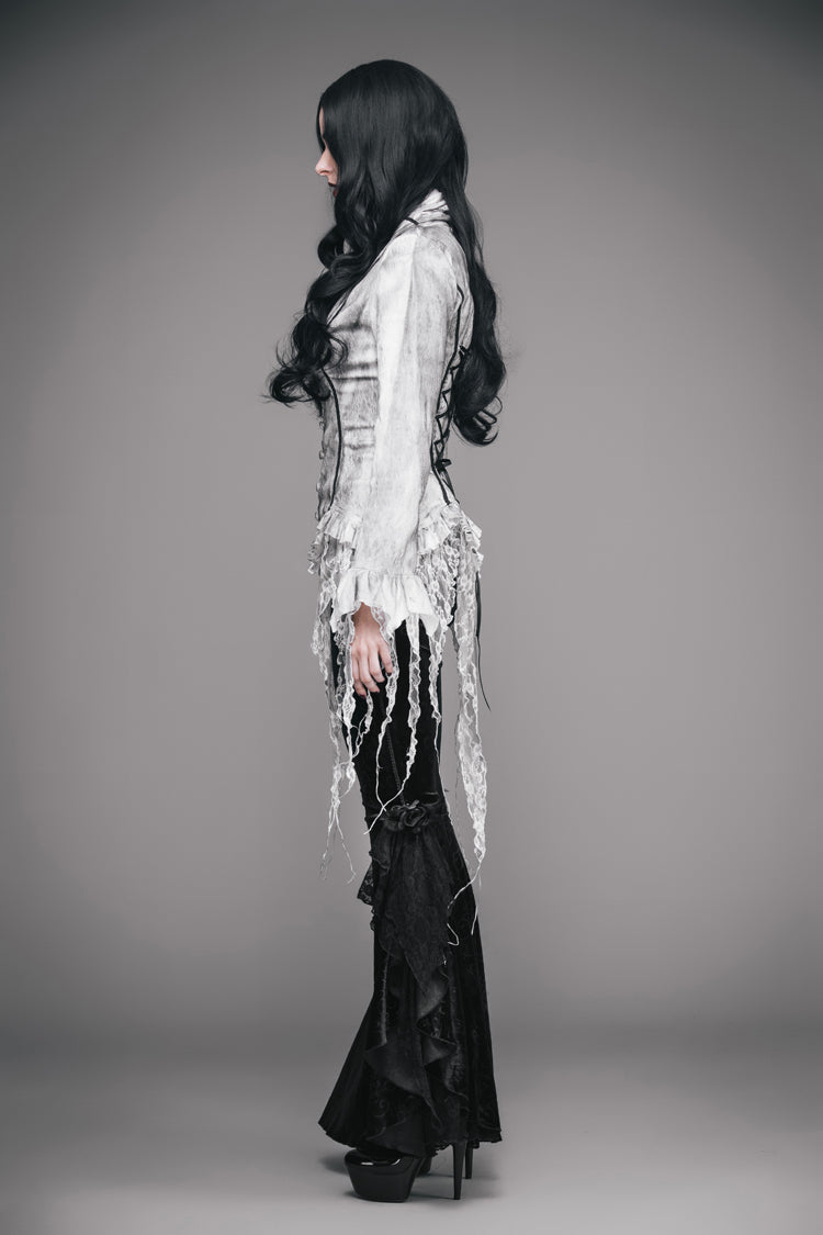 Gothic Lolita Blouse - Printed V-neck, White, Women's Style, Lace Trim, Lace-Up - additional product view 6