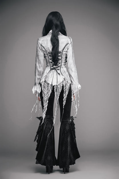 Gothic Lolita Blouse - Printed V-neck, White, Women's Style, Lace Trim, Lace-Up - additional product view 7