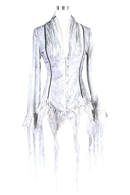 Gothic Lolita Blouse - Printed V-neck, White, Women's Style, Lace Trim, Lace-Up - additional product view 8