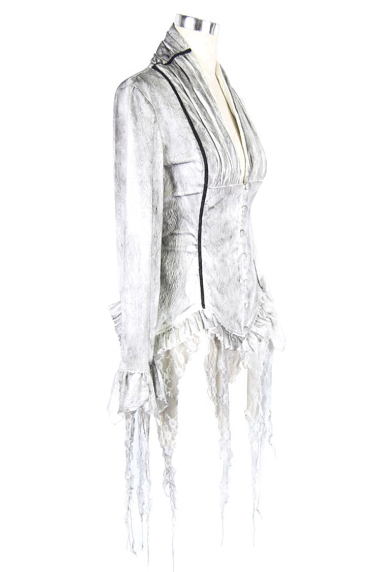 Gothic Lolita Blouse - Printed V-neck, White, Women's Style, Lace Trim, Lace-Up - additional product view 9