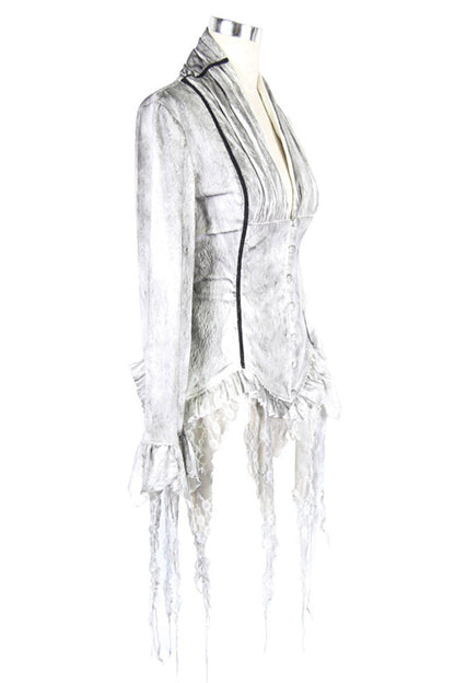 Gothic Lolita Blouse - Printed V-neck, White, Women's Style, Lace Trim, Lace-Up - additional product view 9