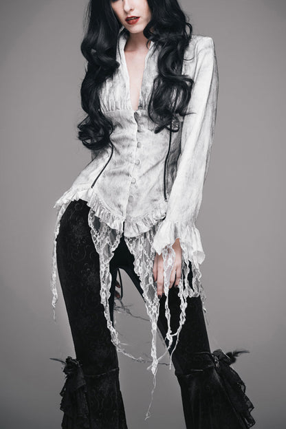 Gothic Lolita Blouse - Printed V-neck, White, Women's Style, Lace Trim, Lace-Up - main product image