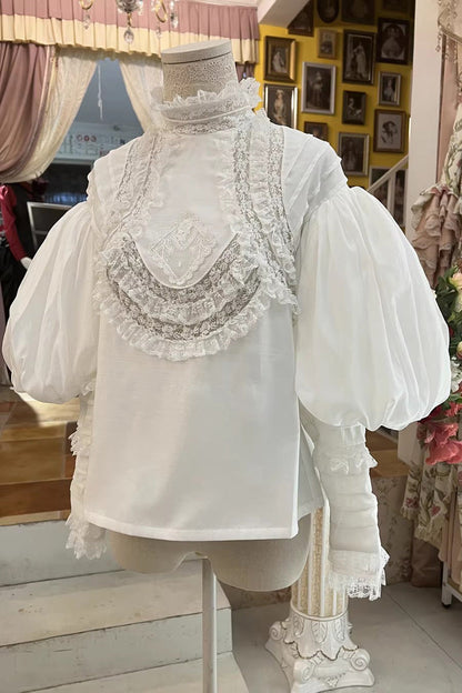 Gothic Lolita Blouse - Puff Ruffle Embroidery Lace, 2 Colors, Puff Sleeves, Long Sleeves - main product image