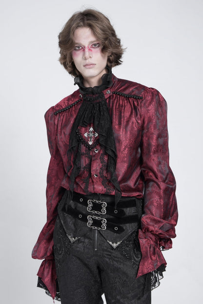 Gothic Lolita Blouse - Puff With Lace Necktie, Red, Puff Sleeves, Men's Style - additional product view 2