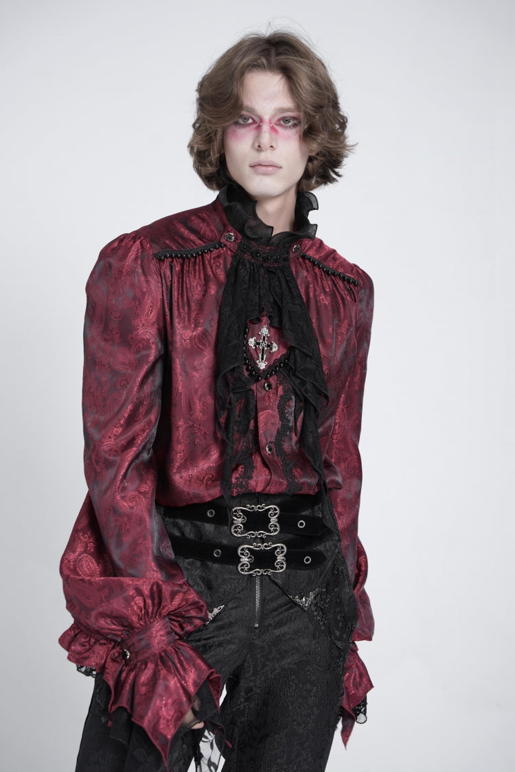 Gothic Lolita Blouse - Puff With Lace Necktie, Red, Puff Sleeves, Men's Style - additional product view 3