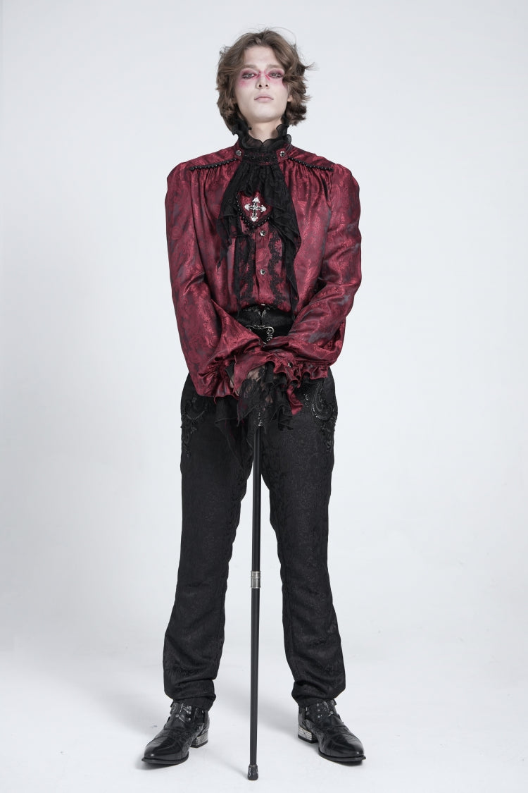 Gothic Lolita Blouse - Puff With Lace Necktie, Red, Puff Sleeves, Men's Style - additional product view 4