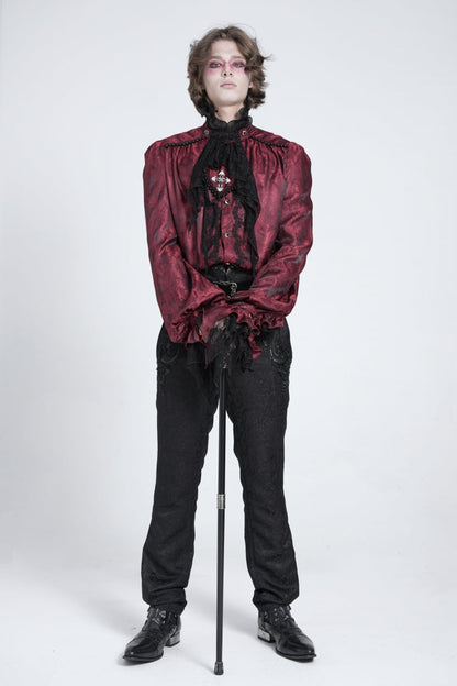 Gothic Lolita Blouse - Puff With Lace Necktie, Red, Puff Sleeves, Men's Style - additional product view 4