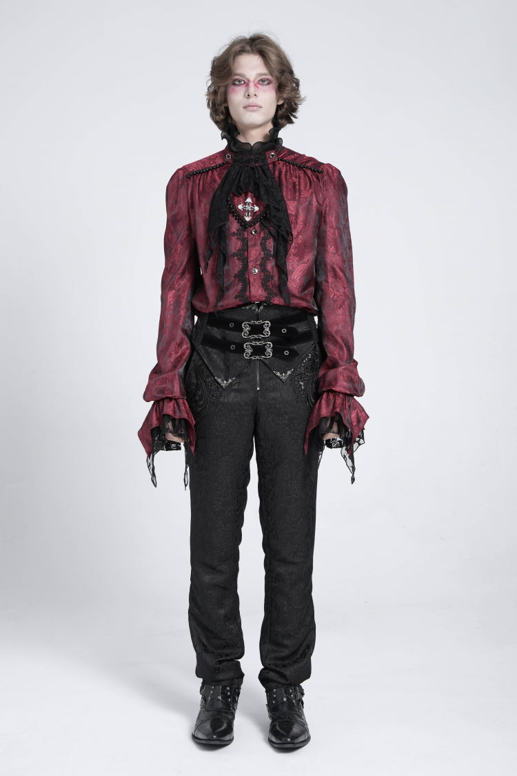 Gothic Lolita Blouse - Puff With Lace Necktie, Red, Puff Sleeves, Men's Style - additional product view 5
