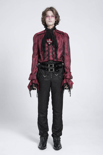 Gothic Lolita Blouse - Puff With Lace Necktie, Red, Puff Sleeves, Men's Style - additional product view 5