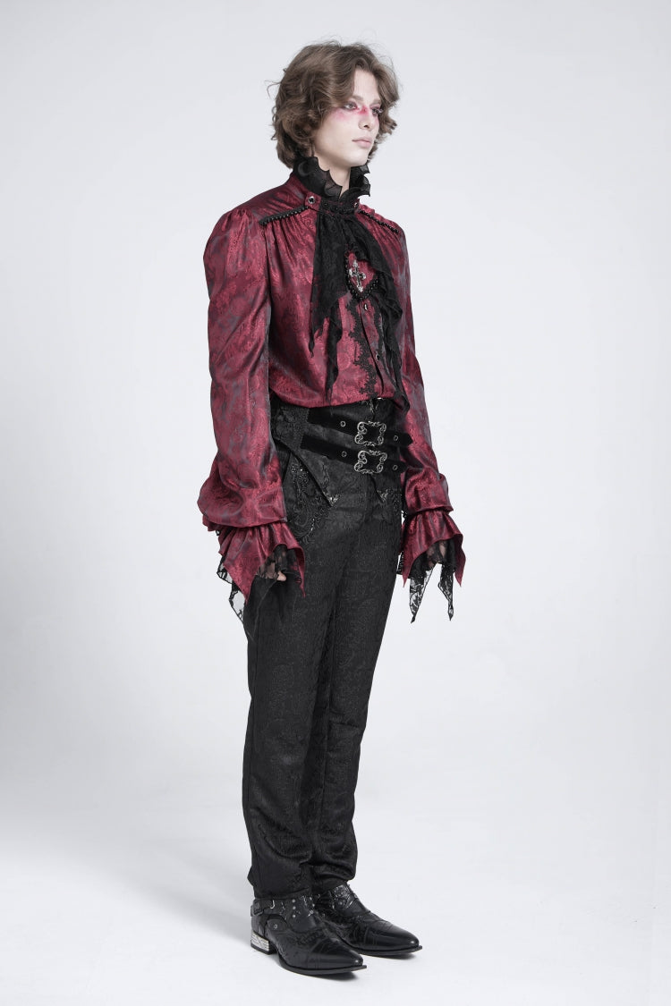 Gothic Lolita Blouse - Puff With Lace Necktie, Red, Puff Sleeves, Men's Style - additional product view 7