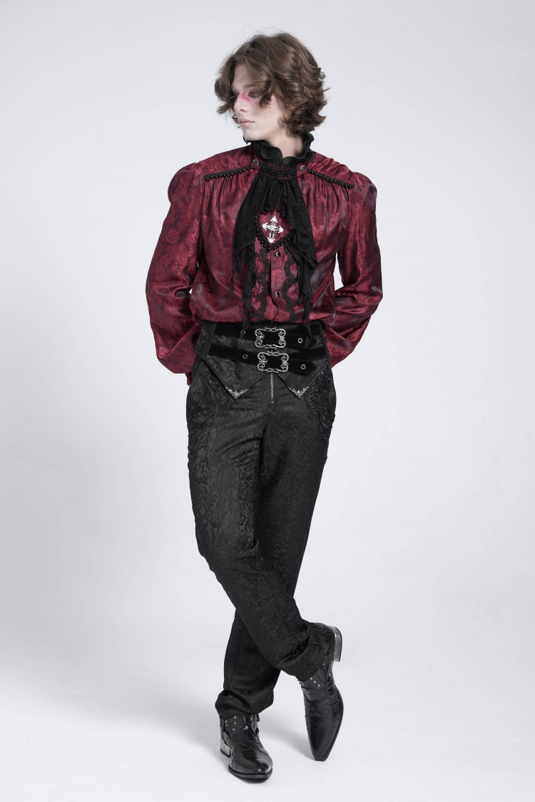 Gothic Lolita Blouse - Puff With Lace Necktie, Red, Puff Sleeves, Men's Style - additional product view 8