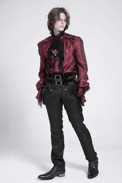 Gothic Lolita Blouse - Puff With Lace Necktie, Red, Puff Sleeves, Men's Style - additional product view 9