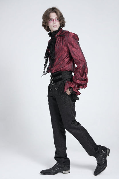 Gothic Lolita Blouse - Puff With Lace Necktie, Red, Puff Sleeves, Men's Style - additional product view 11