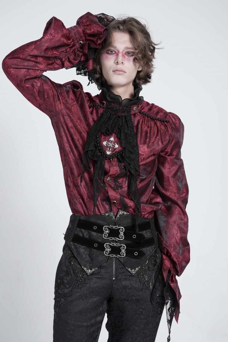 Gothic Lolita Blouse - Puff With Lace Necktie, Red, Puff Sleeves, Men's Style - main product image