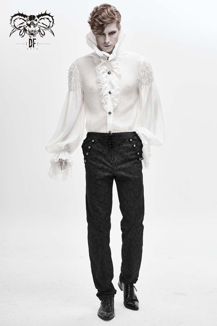 Gothic Lolita Blouse - Ruffle Stand Collar Lantern, White, Stand Collar, Men's Style - additional product view 2