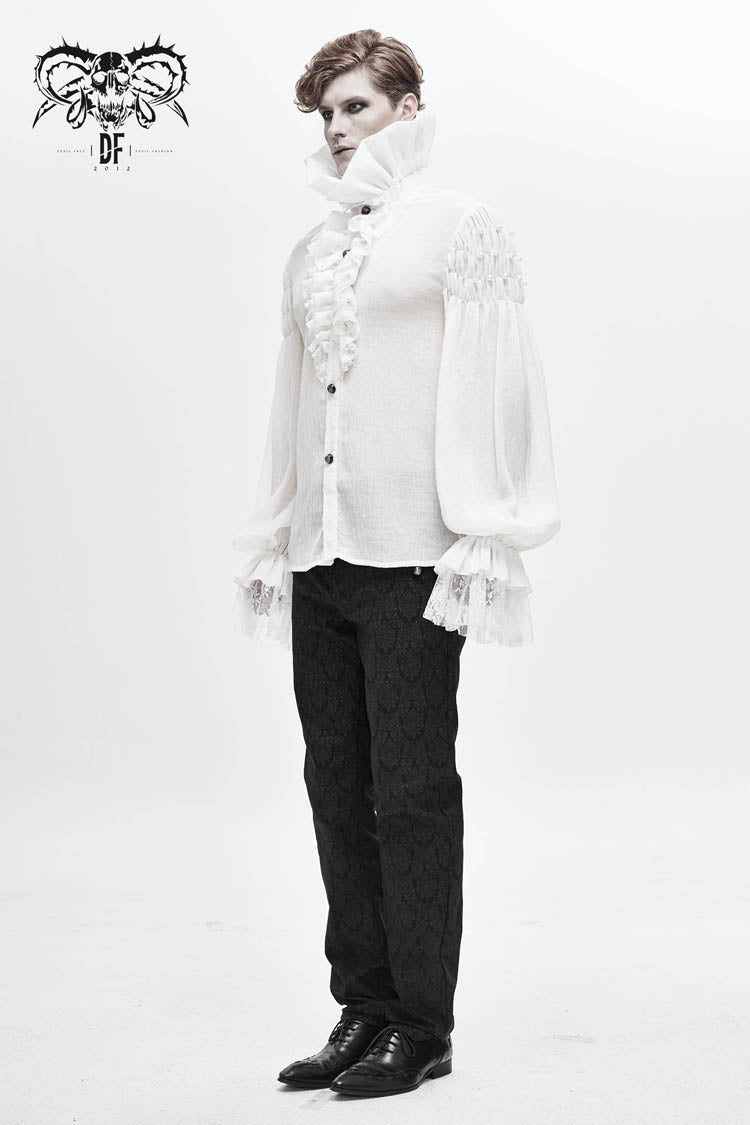 Gothic Lolita Blouse - Ruffle Stand Collar Lantern, White, Stand Collar, Men's Style - additional product view 3