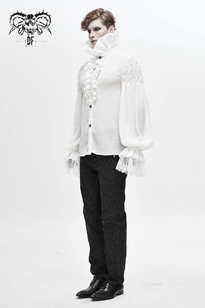 Gothic Lolita Blouse - Ruffle Stand Collar Lantern, White, Stand Collar, Men's Style - additional product view 3