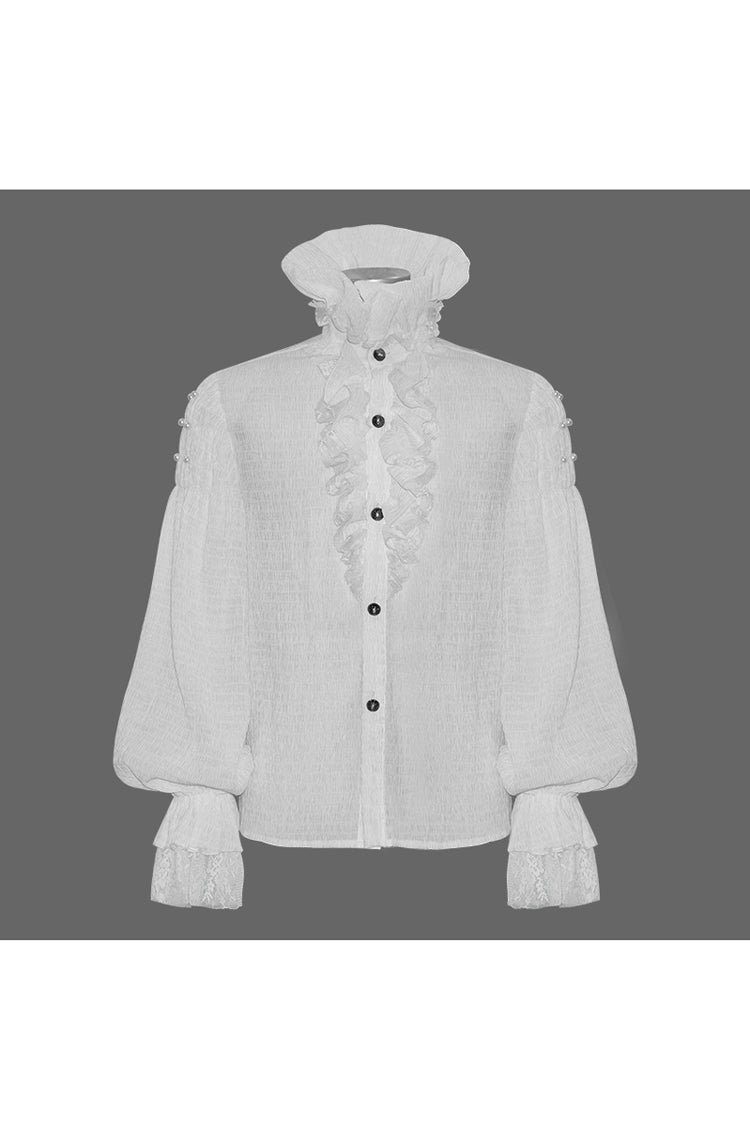 Gothic Lolita Blouse - Ruffle Stand Collar Lantern, White, Stand Collar, Men's Style - additional product view 5