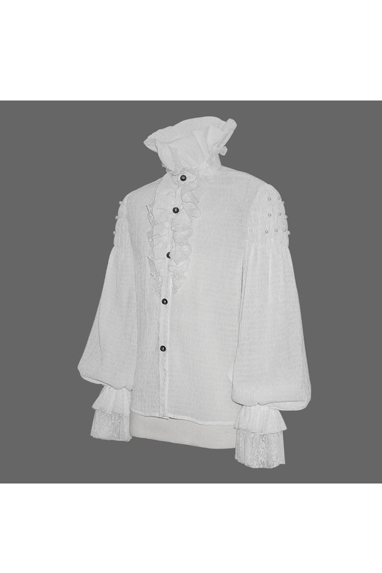 Gothic Lolita Blouse - Ruffle Stand Collar Lantern, White, Stand Collar, Men's Style - additional product view 6
