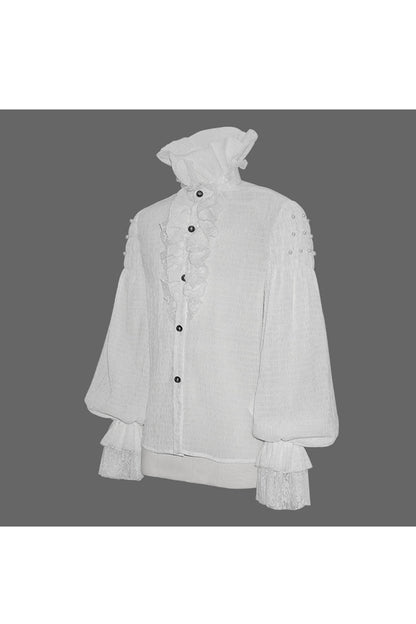 Gothic Lolita Blouse - Ruffle Stand Collar Lantern, White, Stand Collar, Men's Style - additional product view 6