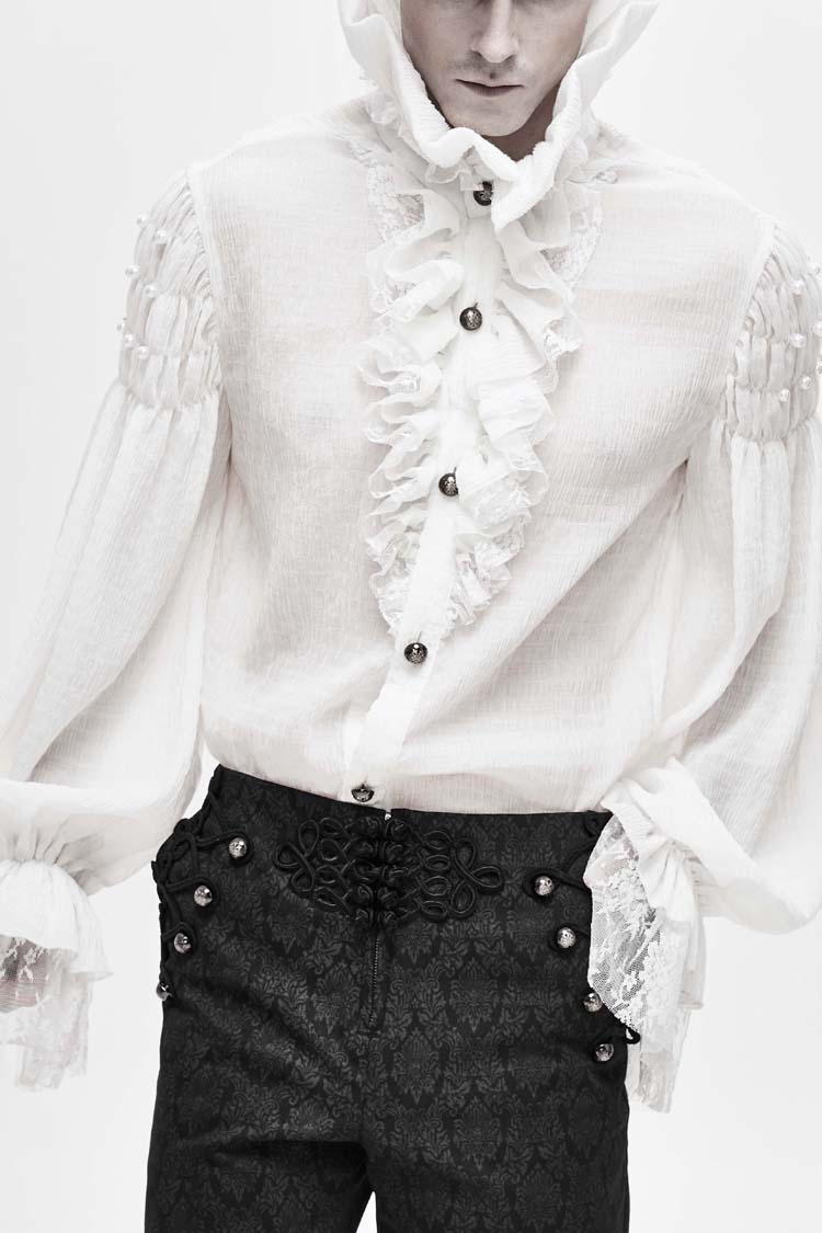 Gothic Lolita Blouse - Ruffle Stand Collar Lantern, White, Stand Collar, Men's Style - main product image