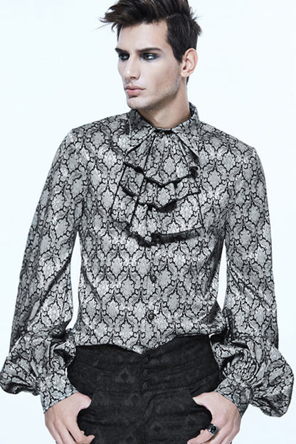Gothic Lolita Blouse - Silver Lantern Sleeves Jacquard, Silver, Men's Style, Bow Detail - additional product view 2