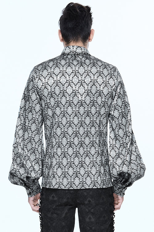 Gothic Lolita Blouse - Silver Lantern Sleeves Jacquard, Silver, Men's Style, Bow Detail - additional product view 3