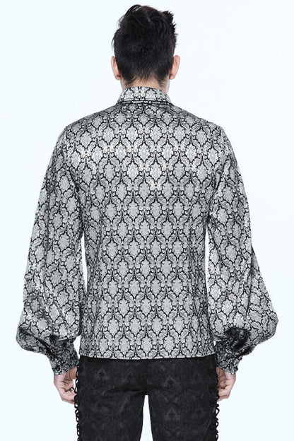 Gothic Lolita Blouse - Silver Lantern Sleeves Jacquard, Silver, Men's Style, Bow Detail - additional product view 3