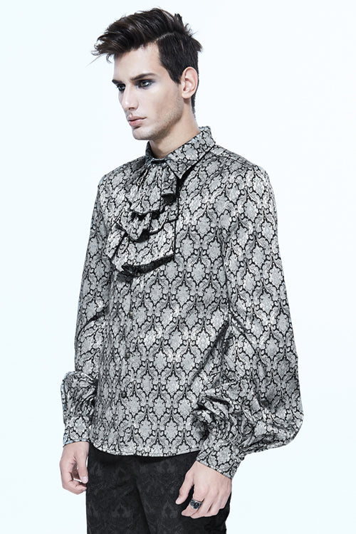 Gothic Lolita Blouse - Silver Lantern Sleeves Jacquard, Silver, Men's Style, Bow Detail - additional product view 4
