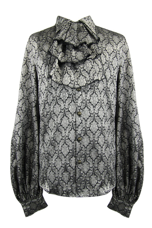 Gothic Lolita Blouse - Silver Lantern Sleeves Jacquard, Silver, Men's Style, Bow Detail - additional product view 5