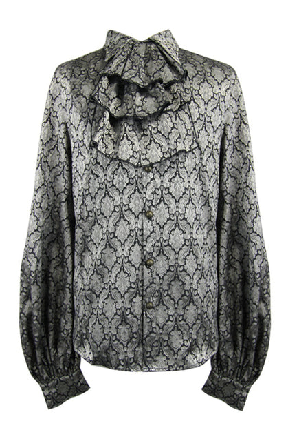 Gothic Lolita Blouse - Silver Lantern Sleeves Jacquard, Silver, Men's Style, Bow Detail - additional product view 5