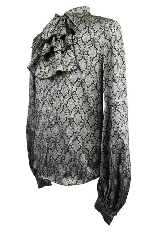 Gothic Lolita Blouse - Silver Lantern Sleeves Jacquard, Silver, Men's Style, Bow Detail - additional product view 6