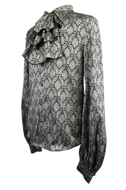 Gothic Lolita Blouse - Silver Lantern Sleeves Jacquard, Silver, Men's Style, Bow Detail - additional product view 6