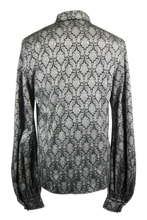 Gothic Lolita Blouse - Silver Lantern Sleeves Jacquard, Silver, Men's Style, Bow Detail - additional product view 7