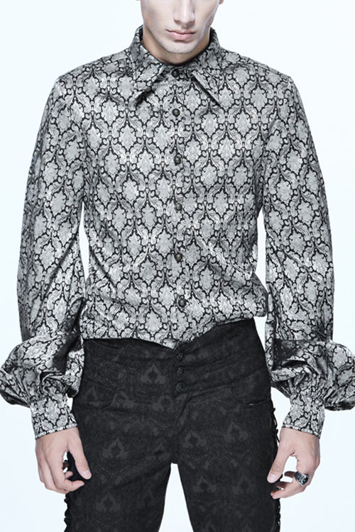 Gothic Lolita Blouse - Silver Lantern Sleeves Jacquard, Silver, Men's Style, Bow Detail - main product image