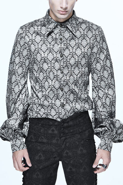 Gothic Lolita Blouse - Silver Lantern Sleeves Jacquard, Silver, Men's Style, Bow Detail - main product image