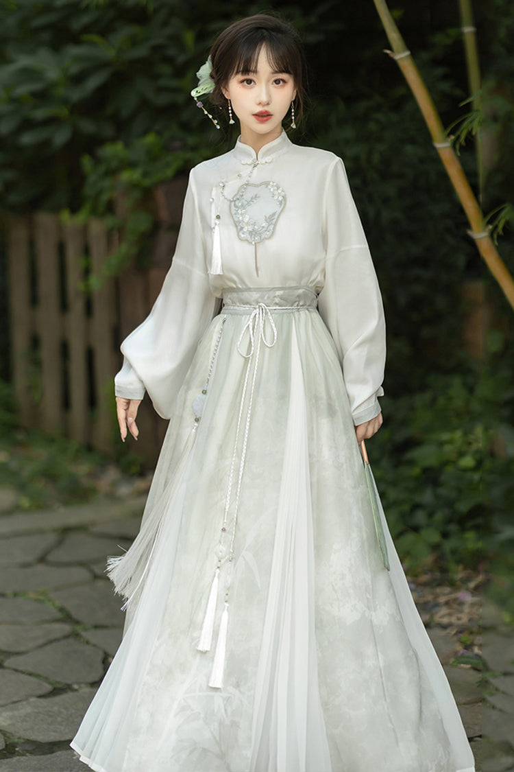 Gothic Lolita Blouse - Stand Collar Lantern Sleeves, Green, Stand Collar, High Waist - additional product view 2