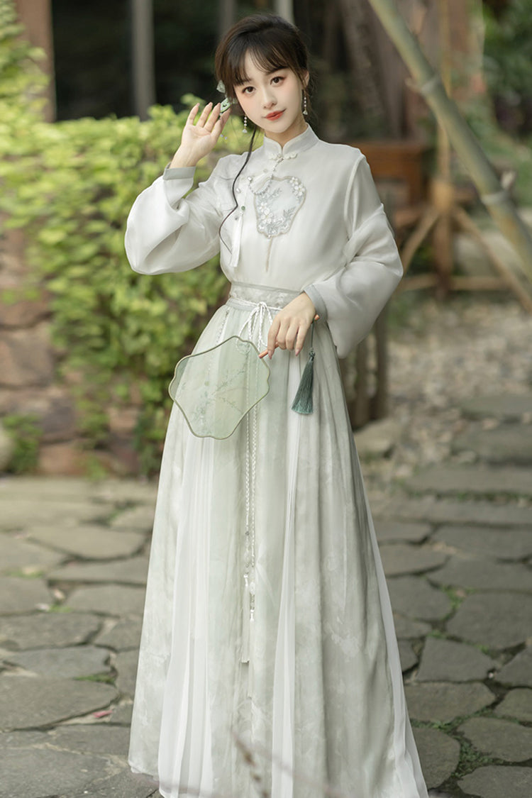 Gothic Lolita Blouse - Stand Collar Lantern Sleeves, Green, Stand Collar, High Waist - additional product view 3
