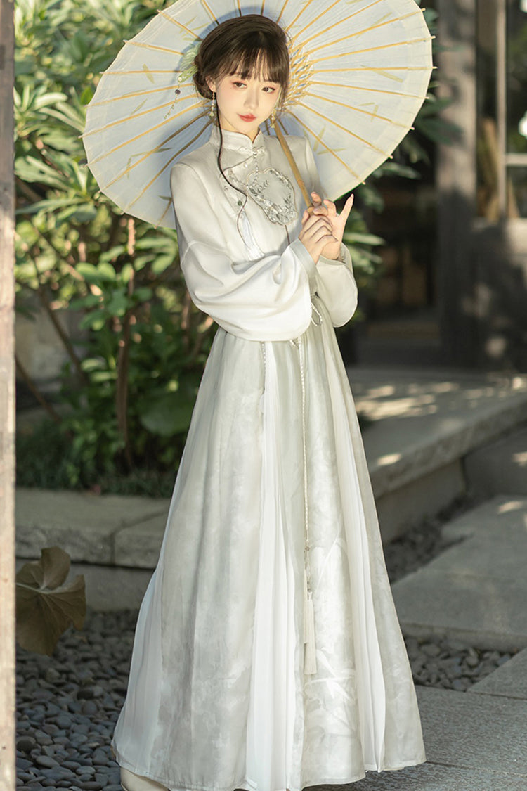 Gothic Lolita Blouse - Stand Collar Lantern Sleeves, Green, Stand Collar, High Waist - additional product view 4