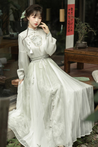 Gothic Lolita Blouse - Stand Collar Lantern Sleeves, Green, Stand Collar, High Waist - additional product view 5