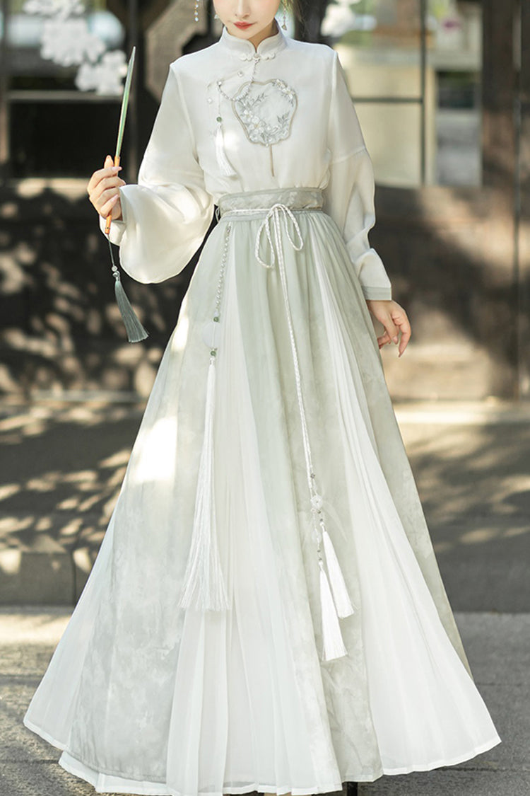 Gothic Lolita Blouse - Stand Collar Lantern Sleeves, Green, Stand Collar, High Waist - main product image