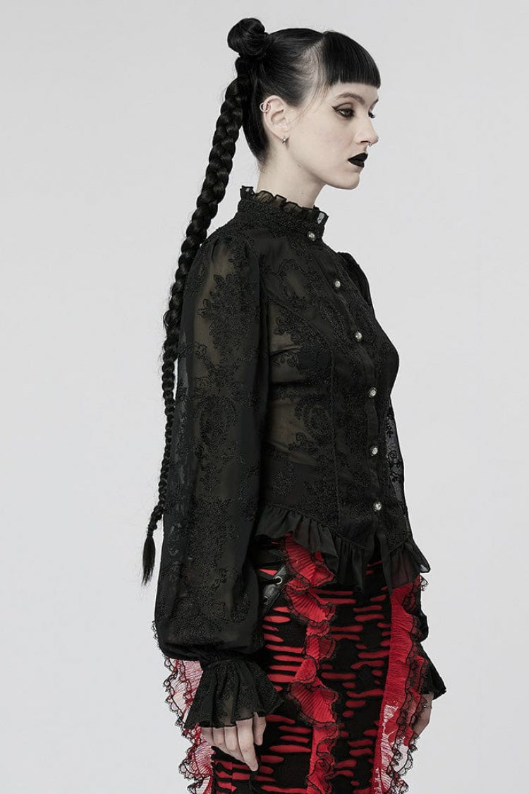 Gothic Lolita Blouse - Stand Collar Puff Embroidery, 2 Colors, Puff Sleeves, Stand Collar - additional product view 3