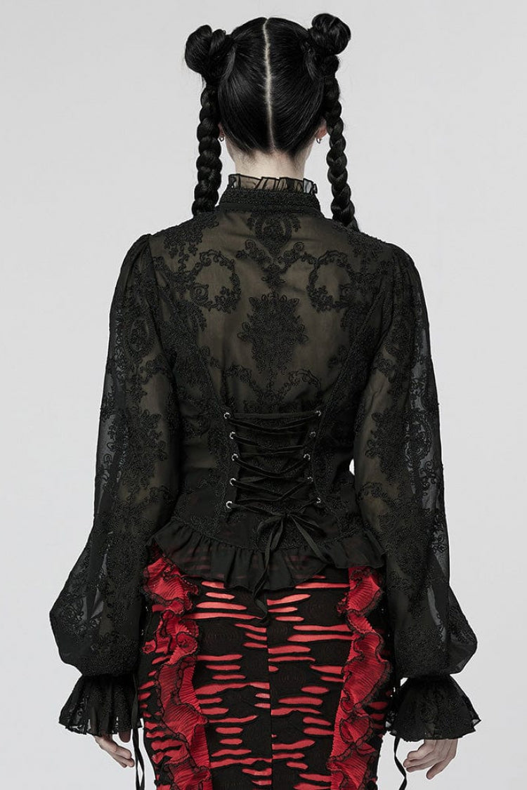 Gothic Lolita Blouse - Stand Collar Puff Embroidery, 2 Colors, Puff Sleeves, Stand Collar - additional product view 4