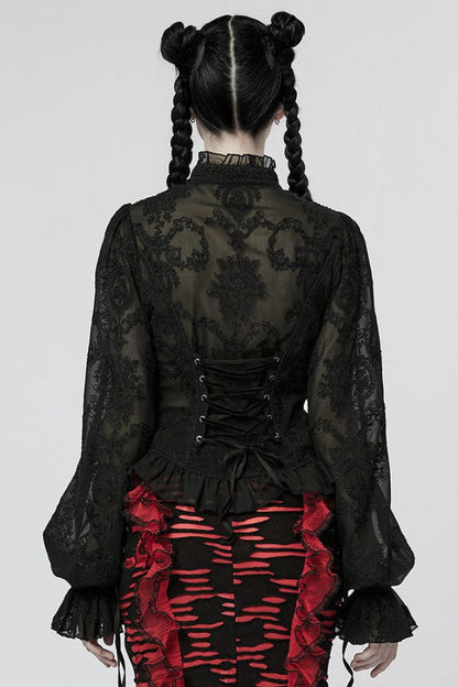 Gothic Lolita Blouse - Stand Collar Puff Embroidery, 2 Colors, Puff Sleeves, Stand Collar - additional product view 4