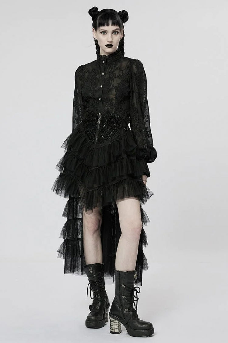 Gothic Lolita Blouse - Stand Collar Puff Embroidery, 2 Colors, Puff Sleeves, Stand Collar - additional product view 5